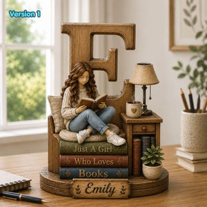 Peut inclure: Une figurine décorative avec une grande lettre E en bois, une personne aux longs cheveux bruns lisant un livre, et trois livres empilés intitulés Just A Girl, Who Loves, et Books. La base porte le nom Emily et une petite lampe.