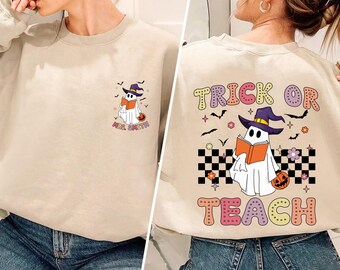 Aangepaste naam Trick or Teach shirt Retro Halloween T-shirt Halloween leraar Spooky Elementary Halloween Party leraar shirt cadeau voor leraar