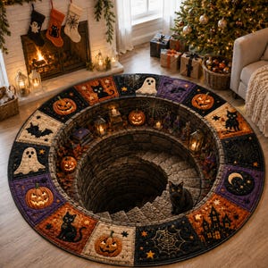 May include: A round rug featuring a patchwork design of Halloween motifs including black cats, jack-o'-lanterns, ghosts, bats, spiderwebs, and a haunted house. The center of the rug creates an optical illusion of a deep, circular stone staircase.