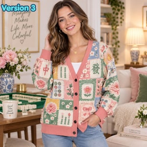 Retro Mahjong Patchwork Cardigan, Chinoiserie Tile Pattern Knitwear, Asian Art Game Night Outfit, Aesthetic Pink Mahjong Lover Gift