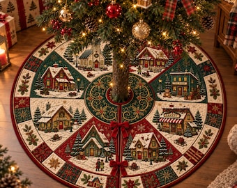 Quilted Christmas Tree Skirt, Patchwork Xmas Tree Skirt, Vintage Red Green Holiday Decor, Farmhouse Xmas Tree Base Cover, Rustic Tree Skirt