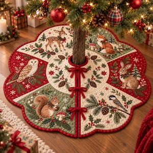 May include: A circular quilted Christmas tree skirt featuring alternating red and cream panels decorated with illustrations of a deer, fox, owl, rabbit, squirrel, and bird, accented with pine branches, pinecones, berries, and three red fabric ties.