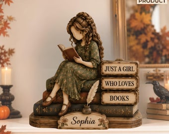 Bloque de madera personalizado "Just A Girl Who Loves Books", regalo para amantes de los libros, regalo para lectores, regalo para chicas aficionadas a la lectura, regalo para decorar su estantería, decoración de biblioteca.