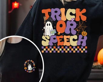 Custom Name Speech Therapy Shirt, Trick Or Speech Halloween, SLP Halloween Shirt, AAC Halloween, Speech Therapist, SLP, Language Pathologist