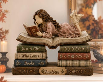 Bloque de madera personalizado para amantes de los libros, figura de niña leyendo, regalo para ratona de biblioteca, decoración para estantería de lectura, regalo para bibliotecaria, simplemente una chica que ama los libros.