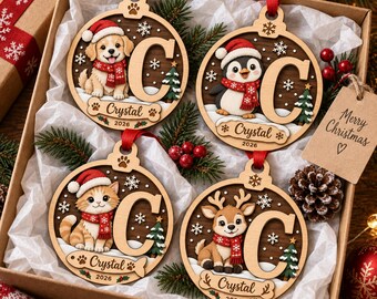 Personalized Initial Christmas Ornament 2026, Custom Animal Wooden Monogram Ornament, Name Keepsake, Christmas Gift for Kids & Family