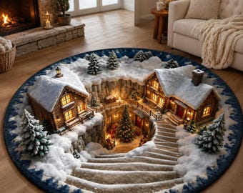 Runder Weihnachtsteppich, Runder Teppich mit 3D-Schneedorf-Wendeltreppe, Fußmatte mit weihnachtlicher Schneelandschaft, Weihnachtsgeschenk