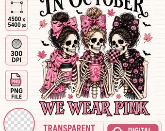 In October We Wear Pink PNG, design per il mese della consapevolezza del cancro al seno, regalo per i sopravvissuti, sublimazione a sublimazione con leopardo a pois retrò PNG, file digitale
