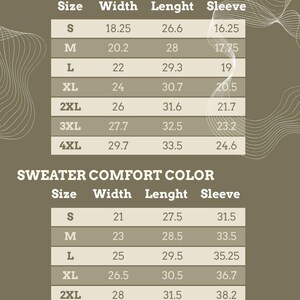 Puede incluir: Una tabla de tallas para camisetas y su&eacute;teres Comfort Color sobre un fondo verde oliva oscuro. La tabla enumera tallas de S a 4XL para camisetas y de S a 3XL para su&eacute;teres, con columnas para ancho, largo y medidas de manga.