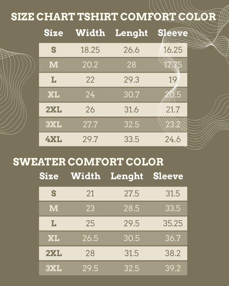Puede incluir: Una tabla de tallas para camisetas y su&eacute;teres Comfort Color sobre un fondo verde oliva oscuro. La tabla enumera tallas de S a 4XL para camisetas y de S a 3XL para su&eacute;teres, con columnas para ancho, largo y medidas de manga.
