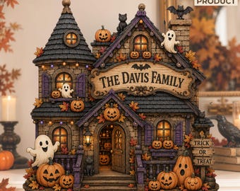 Bloque de madera personalizado para Halloween, letrero gótico espeluznante para el hogar en 2D plano, decoración de estante para la temporada de Halloween con calabaza, fantasma y gato, regalo familiar para mamá y papá.