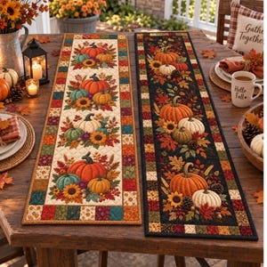 May include: Two rectangular table runners featuring autumn-themed designs. One runner has a cream-colored background, while the other has a black background. Both runners display repeating patterns of orange, green, and white pumpkins, sunflowers, and fall leaves.