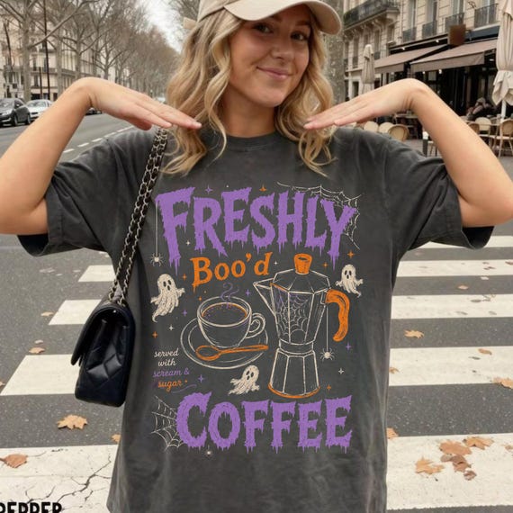 Comfort Colors Halloween Coffee Shirt, Freshly Boo’d Coffee Shirt, Cute Ghost Shirt, Skeleton Halloween Tshirt, Coffee Lover Gift, Spooky
