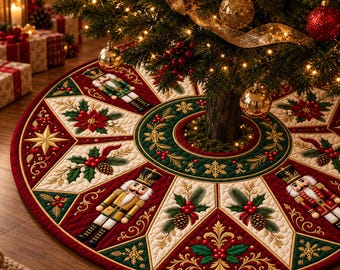Kerstboomrok van quilt, kerstboomrok met poinsettia-motief, rood-gouden kerstdecoratie, rustieke kerstdecoratie in boerderijstijl, patchwork kerstboomhoes met standaard