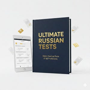 Pode incluir: Um livro azul marinho com o título "ULTIMATE RUSSIAN TESTS" em letras douradas, ao lado de um tablet branco exibindo um aplicativo de aprendizado de russo. O livro promete "1000+ Practice Tests" para o nível A1-B2. Ícones de papel e de visto flutuam.