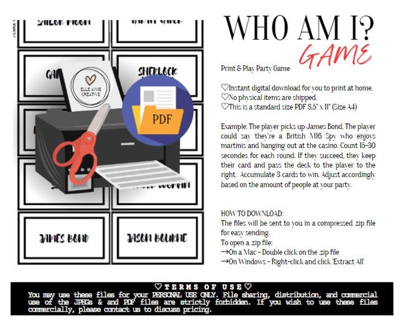 Who Am I GAME - PDF Instant Download - Guessing Game - Family Fun ...
