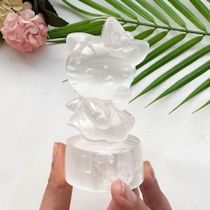 3.7&quot; Selenite Kitty Cat Figurine With Free Light Base For Decoration
