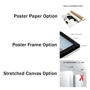 May include: Image showcasing three poster options: poster paper, poster frame, and stretched canvas. The poster paper option includes a rolled-up poster. The poster frame option shows a framed print. The stretched canvas option is labeled with measurements.