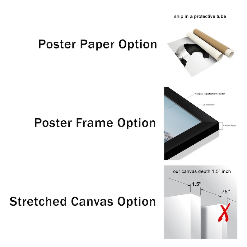 May include: Image showcasing three poster options: poster paper, poster frame, and stretched canvas. The poster paper option includes a rolled-up poster. The poster frame option shows a framed print. The stretched canvas option is labeled with measurements.