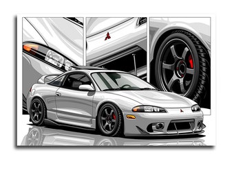 Dibujo artístico automotriz de coche tuneado de importación JDM Drift compatible con póster, marco y lienzo estirado de Mitsubishi Eclipse