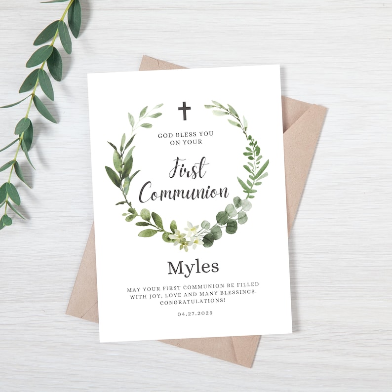 Carte de félicitations de première communion | carte de vœux personnalisée pour la première communion | Carte Sainte Communion | Carte de voeux religieuse élégante image 1