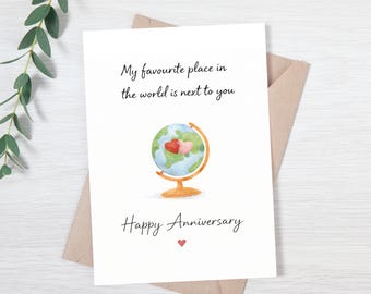 Carte d'anniversaire imprimée, carte Mon endroit préféré est à côté de vous, carte d'anniversaire romantique, carte globe aquarelle, carte joyeux anniversaire