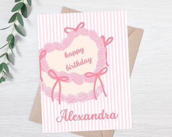 d'anniversaire personnalisée Coquette | Carte d'anniversaire rose avec noeud | Carte d'anniversaire pour fille | Carte d'anniversaire rose personnalisée
