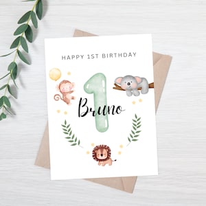 1er anniversaire personnalisé | Carte 1er anniversaire pour garçon | Carte d'anniversaire personnalisée | carte d'anniversaire Safari |