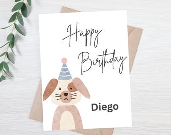 Personalized Dog Birthday Card | Cute Puppy Birthday Greeting Card | Custom Name Birthday Card for Kids or Dog Lovers