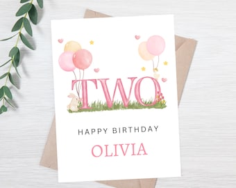 Personalized 2nd Birthday Card for Girl | Custom Name Birthday Card | Bunny Theme Birthday Card | Age Two Birthday Card