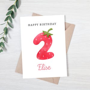 2e anniversaire personnalisé | 2e carte d'anniversaire pour fille | Carte d'anniversaire aux fraises