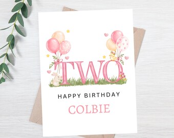Personalized 2nd Birthday Card for Girl | Custom Name Birthday Card | Bunny Theme Birthday Card | Age Two Birthday Card