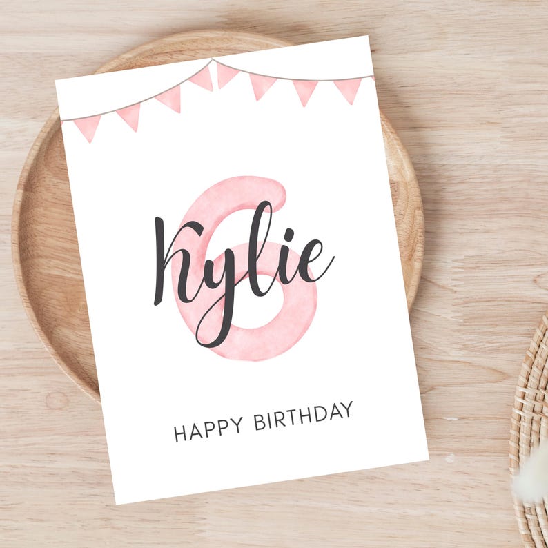 Kyllie In Script Personalized 6th Birthday Card for Girl | Personalized Girl Birthday ...