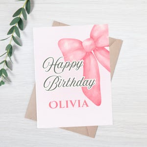 d'anniversaire personnalisée Coquette | Carte d'anniversaire rose avec noeud | Carte d'anniversaire pour fille | Carte d'anniversaire rose personnalisée