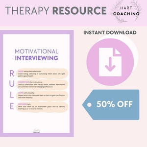 Puede incluir: Una hoja de trabajo imprimible rosa y blanca con el título "Motivational Interviewing" y el acrónimo "RULE" con cuatro pasos para la entrevista motivacional. La hoja de trabajo está disponible para descarga instantánea con un 50% de descuento.