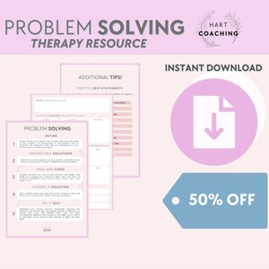 Könnte beinhalten: Ein rosa-weißes druckbares Arbeitsblatt mit dem Titel "Problemlösung" mit fünf Schritten: Definieren, Brainstorming von Lösungen, Vor- und Nachteile, Auswahl einer Lösung und Ausprobieren. Das Arbeitsblatt ist eine Therapie-Ressource zur Problemlösung und enthält einen Abschnitt für positive Selbstbestätigungen. Das Bild enthält auch einen rosa Download-Button und ein blaues Etikett mit dem Text "50 % Rabatt".
