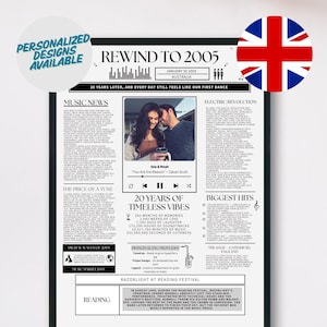 Geburtstagsgeschenk für Ehemann oder Ehefrau, 20-jähriges Jubiläum, Druckbares Poster mit musikalischen Neuigkeiten und Highlights aus dem Jahr 2005 in Großbritannien