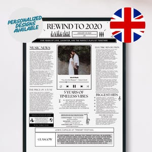 Geburtstagsgeschenk für Ehemann oder Ehefrau, druckbares Poster mit musikalischen Neuigkeiten und Ereignissen aus dem Jahr 2020 aus Großbritannien