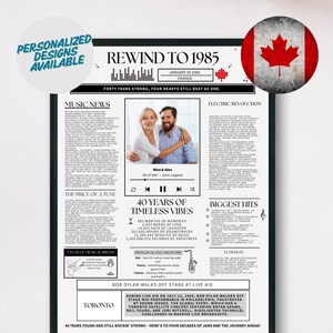 Op de afbeelding: Een digitale, afdrukbare poster met een krantenontwerp ter ere van 40 jaar aan herinneringen. De poster bevat een foto van een stel, een sectie met muziekonderwerpen en een sectie met de titel "Biggest Hits". De poster heeft de titel "Rewind to 1985" en bevat de tekst "40 Years of Timeless Vibes".