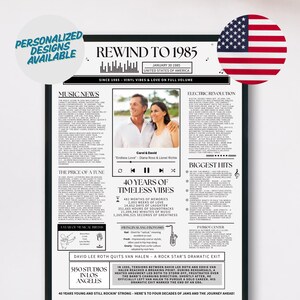 Op de afbeelding: Een digitale, afdrukbare poster met een krantenontwerp ter ere van 40 jaar tijdloze vibes. De poster heeft een zwart-wit ontwerp met een kop die luidt "REWIND TO 1985" en een ondertitel die luidt "SINCE 1955 - VINYL VIBES & LOVE ON FULL VOLUME". De poster bevat ook een foto van een stel, een sectie met muzieksnieuws, een sectie over de prijs van een melodie, een sectie over de grootste hits van 1985 en een sectie over de elektrische revolutie. De poster is verkrijgbaar in afdrukbare formaten: 8"x10", 11"x14", 16"x20" en 18"x24".