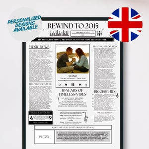 10 Jahre Jubiläum Geschenk für Ehemann oder Ehefrau, druckbares Poster mit musikalischen Neuigkeiten und Highlights aus dem Jahr 2015 in Großbritannien