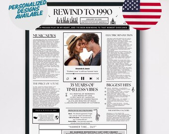 35th Anniversary Gift Poster | Personalized 1990 Music Theme (Digital File)