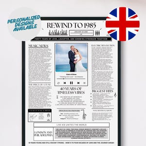 May include: A black and white printable digital download of a newspaper-style poster with the headline "Rewind to 1985". The poster features a photo of a couple, a music player, and a saxophone. The text "40 Years of Timeless Vibes" is featured in a large font. The poster is a celebration of a couple's 40th anniversary.