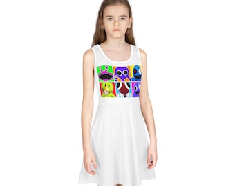 Vestido de sol sin mangas para niñas (AOP), vestido de mis amigas del arco iris, tops de amigas del arco iris de las niñas, personalizar mis amigas del arco iris que usan las niñas