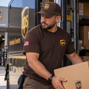 Maglietta/Tessuto da lavoro personalizzato marrone per autista di consegne UPS con opzione dettaglio bandiera