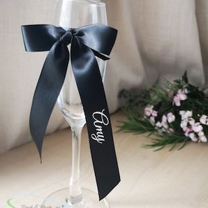 Personalized Satin Ribbon Bow Place Setting Drink Name Tag Custom Dinner Table Décor Champagne flute Glass Gift Wrapping pre-tied hand-made