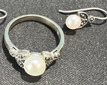 Set di anelli e orecchini vintage in argento 925 con perle e diamanti misura 6,5"
