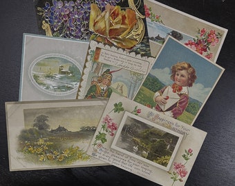 Antica cartolina postale di compleanno in rilievo, lotto di 7 cartoline dei primi anni del '900
