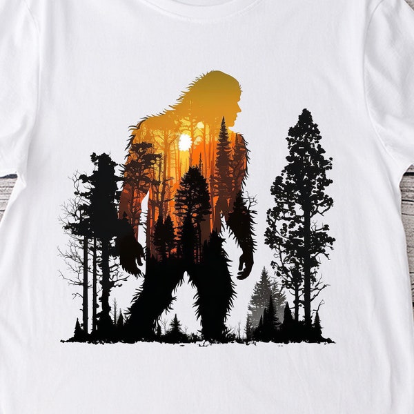 Bigfoot PNG Sublimation printable - Sasquatch or squatch retro sunset nature with trees graphic sublimation designs downloads for shirts