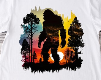 Gráfico PNG de Bigfoot para sublimación - Diseño retro de Sasquatch al atardecer para camisetas, naturaleza y árboles, descarga instantánea